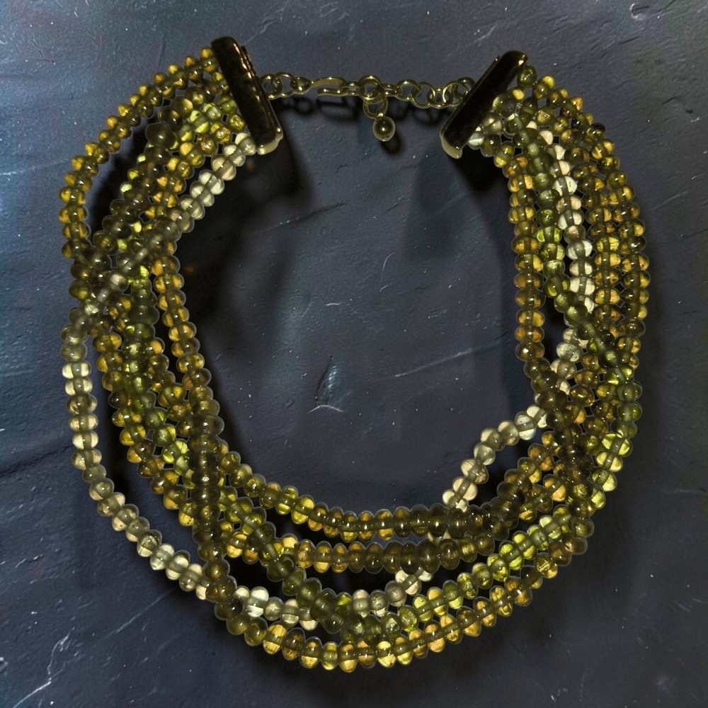 Vintage Monet 5 Strand Glass Bead Necklace Olive Amber Gold Tone 1960s 1970s